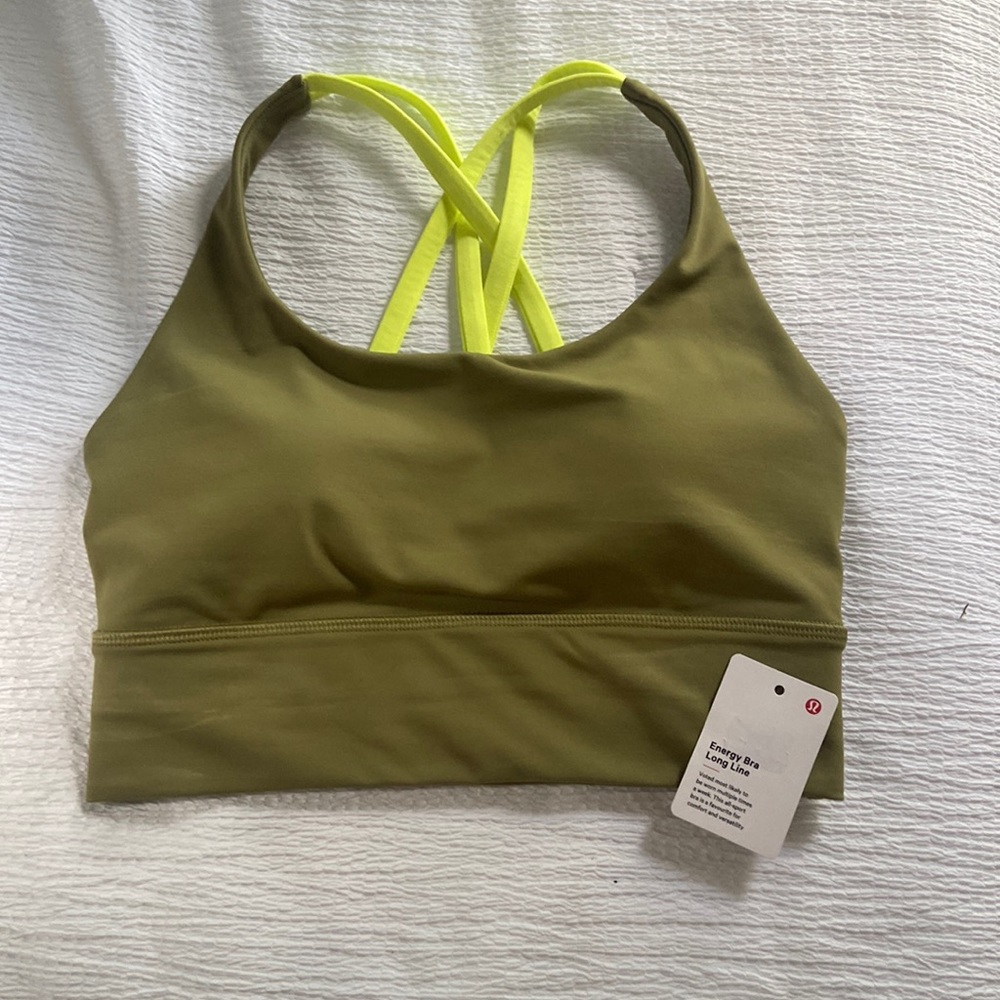 lululemon bronze green and electric lemon energy longline sports bra